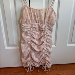Princess Polly- pink floral mini dress, ruched, size 2